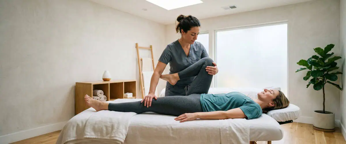Female therapist performing hip flexor stretch on a woman at a massage clinic in Glasgow.