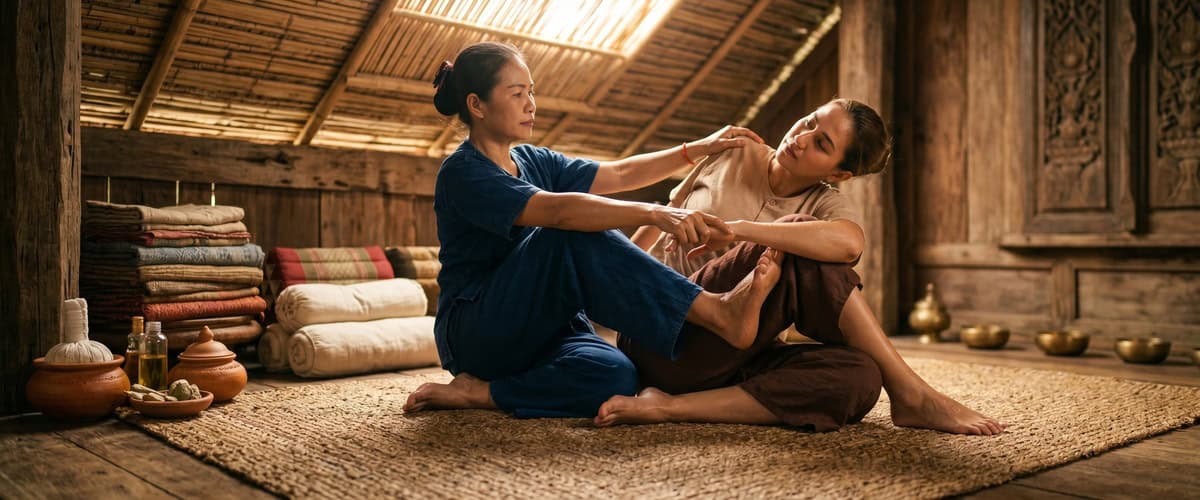 Woman receiving traditional Thai massage for back pain relief in a rustic setting.