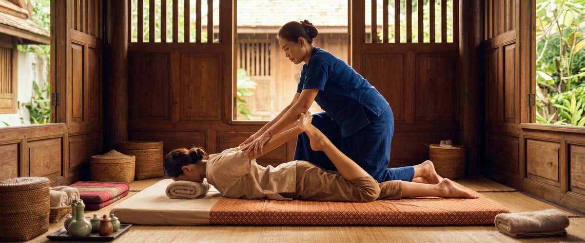 Therapist performing Thai massage on a client for sciatica relief in Glasgow.