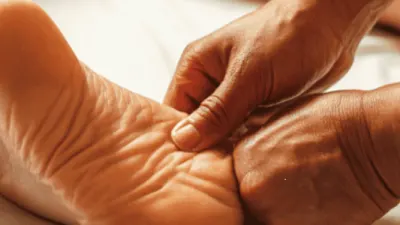 Close-up of a soothing Thai foot massage.