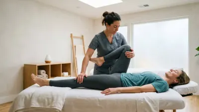 Female therapist performing hip flexor stretch on a woman at a massage clinic in Glasgow.