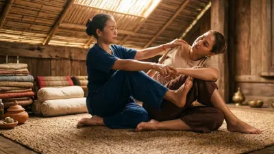 Woman receiving traditional Thai massage for back pain relief in a rustic setting.